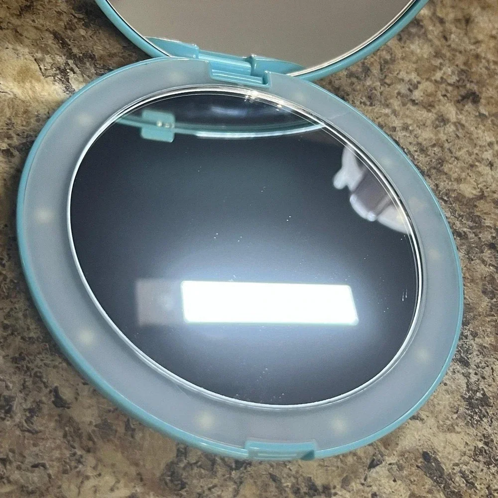 POP Blue Round Compact Makeup Mirror Dual Sided 5 in Gloss Plastic Portable with